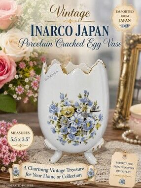 Vintage Blue Inarco Japan Porcelain Cracked Egg Vase 5.5"